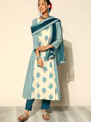 Indo Era Cream Printed A-Line Kurta Trouser With Dupatta Set 1