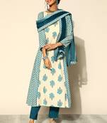 Indo Era Cream Printed A-Line Kurta Trouser With Dupatta Set