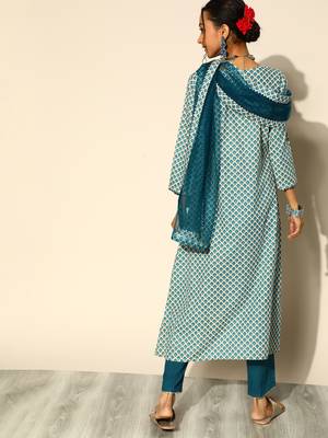 Indo Era Cream Printed A-Line Kurta Trouser With Dupatta Set 2