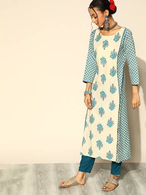 Indo Era Cream Printed A-Line Kurta Trouser With Dupatta Set 3