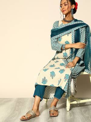 Indo Era Cream Printed A-Line Kurta Trouser With Dupatta Set 4