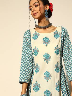 Indo Era Cream Printed A-Line Kurta Trouser With Dupatta Set 5