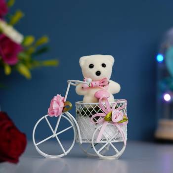 eCraftIndia White Cycle with Teddy Bear and Rose Petals Gift Box 1