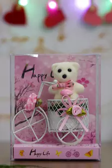 eCraftIndia White Cycle with Teddy Bear and Rose Petals Gift Box