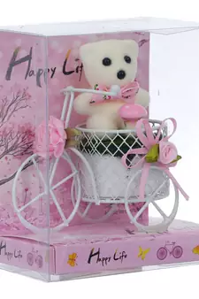 eCraftIndia White Cycle with Teddy Bear and Rose Petals Gift Box