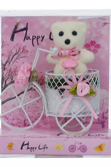 eCraftIndia White Cycle with Teddy Bear and Rose Petals Gift Box
