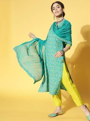 Indo Era Green Printed Straight Kurta Palazzo With Dupatta Set 1