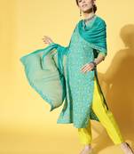 Indo Era Green Printed Straight Kurta Palazzo With Dupatta Set