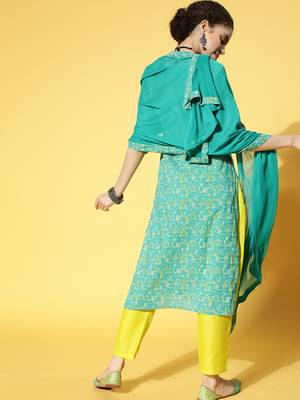 Indo Era Green Printed Straight Kurta Palazzo With Dupatta Set 2