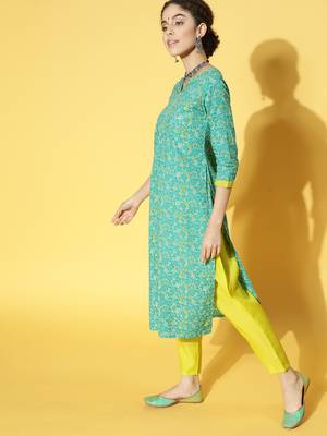 Indo Era Green Printed Straight Kurta Palazzo With Dupatta Set 3