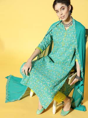 Indo Era Green Printed Straight Kurta Palazzo With Dupatta Set 4