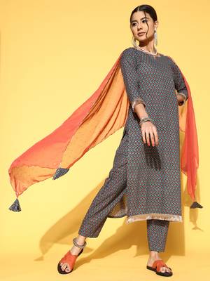 Indo Era Grey Printed Straight Kurta Trouser With Dupatta Set 1