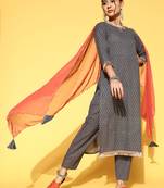 Indo Era Grey Printed Straight Kurta Trouser With Dupatta Set