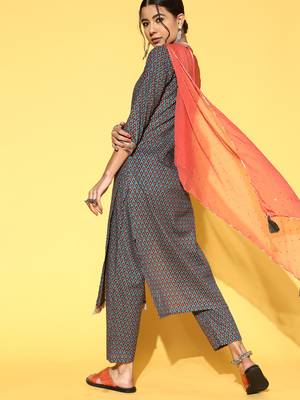 Indo Era Grey Printed Straight Kurta Trouser With Dupatta Set 2