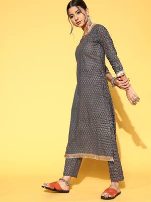 Indo Era Grey Printed Straight Kurta Trouser With Dupatta Set 3