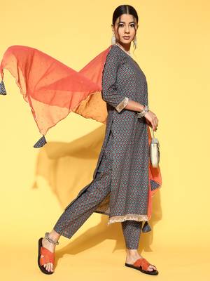 Indo Era Grey Printed Straight Kurta Trouser With Dupatta Set 4