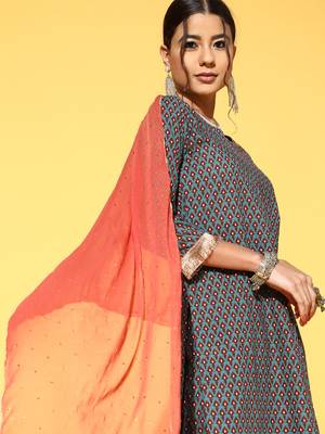 Indo Era Grey Printed Straight Kurta Trouser With Dupatta Set 5