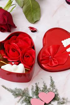 eCraftIndia Red Heart Shaped Gift Box with 1 Golden Rose 3 Red Roses 2 Teddy Bear and a Card