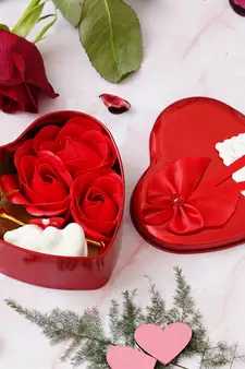 eCraftIndia Red Heart Shaped Gift Box with 1 Golden Rose 3 Red Roses 2 Teddy Bear and a Card