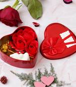 eCraftIndia Red Heart Shaped Gift Box with 1 Golden Rose 3 Red Roses 2 Teddy Bear and a Card