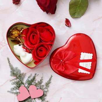 eCraftIndia Red Heart Shaped Gift Box with 1 Golden Rose 3 Red Roses 2 Teddy Bear and a Card 2