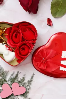 eCraftIndia Red Heart Shaped Gift Box with 1 Golden Rose 3 Red Roses 2 Teddy Bear and a Card