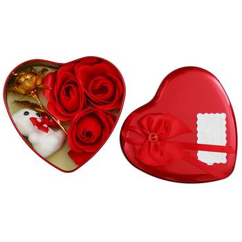 eCraftIndia Red Heart Shaped Gift Box with 1 Golden Rose 3 Red Roses 2 Teddy Bear and a Card 3