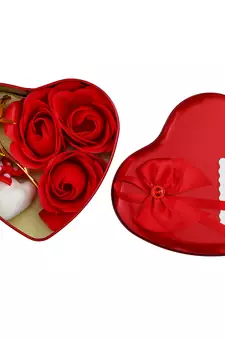 eCraftIndia Red Heart Shaped Gift Box with 1 Golden Rose 3 Red Roses 2 Teddy Bear and a Card