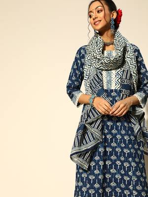 Indo Era Navy Blue Printed Straight Kurta Palazzo With Dupatta Set 1