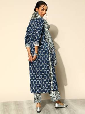 Indo Era Navy Blue Printed Straight Kurta Palazzo With Dupatta Set 2
