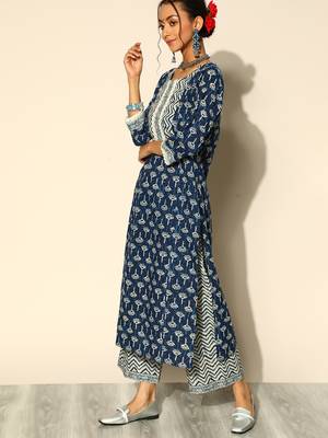 Indo Era Navy Blue Printed Straight Kurta Palazzo With Dupatta Set 3