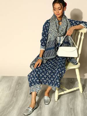 Indo Era Navy Blue Printed Straight Kurta Palazzo With Dupatta Set 4