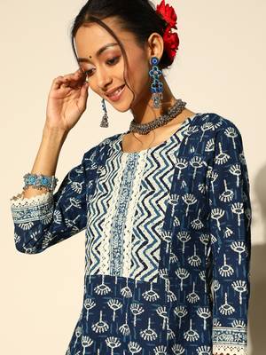 Indo Era Navy Blue Printed Straight Kurta Palazzo With Dupatta Set 5