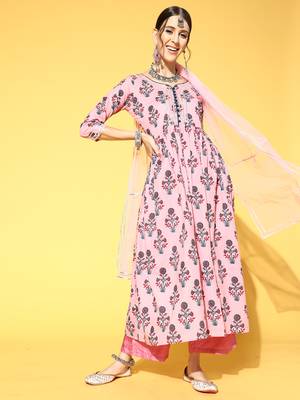 Indo Era Pink Printed A-Line Kurta Trouser With Dupatta Set 1