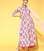 Indo Era Pink Printed A-Line Kurta Trouser With Dupatta Set