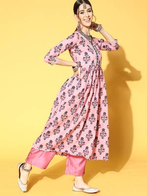 Indo Era Pink Printed A-Line Kurta Trouser With Dupatta Set 3