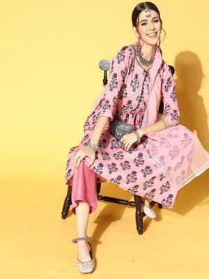 Indo Era Pink Printed A-Line Kurta Trouser With Dupatta Set 4