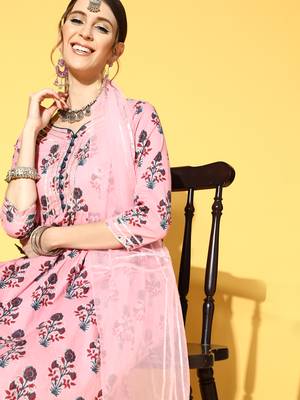 Indo Era Pink Printed A-Line Kurta Trouser With Dupatta Set 5