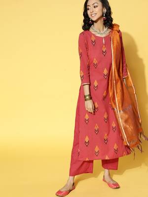 Indo Era Red Printed Straight Kurta Trouser With Dupatta Set 1