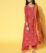 Indo Era Red Printed Straight Kurta Trouser With Dupatta Set