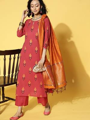 Indo Era Red Printed Straight Kurta Trouser With Dupatta Set 4