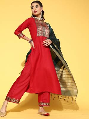 Indo Era Red Solid Straight Kurta Palazzo With Dupatta Set 1