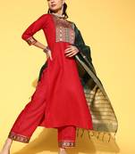 Indo Era Red Solid Straight Kurta Palazzo With Dupatta Set