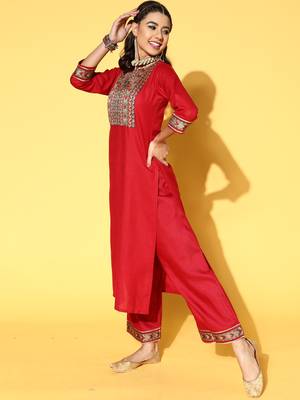 Indo Era Red Solid Straight Kurta Palazzo With Dupatta Set 3