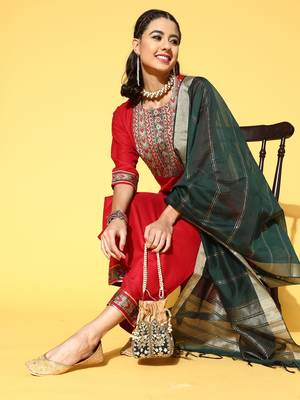 Indo Era Red Solid Straight Kurta Palazzo With Dupatta Set 4