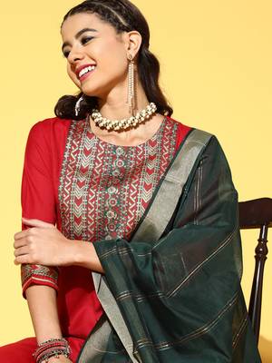 Indo Era Red Solid Straight Kurta Palazzo With Dupatta Set 5