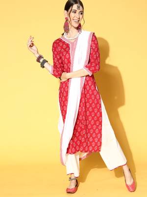 Indo Era Red Printed Straight Kurta Palazzo With Dupatta Set 1