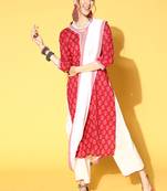 Indo Era Red Printed Straight Kurta Palazzo With Dupatta Set