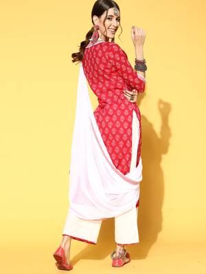 Indo Era Red Printed Straight Kurta Palazzo With Dupatta Set 2