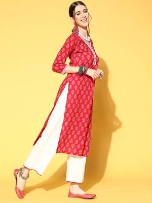 Indo Era Red Printed Straight Kurta Palazzo With Dupatta Set 3